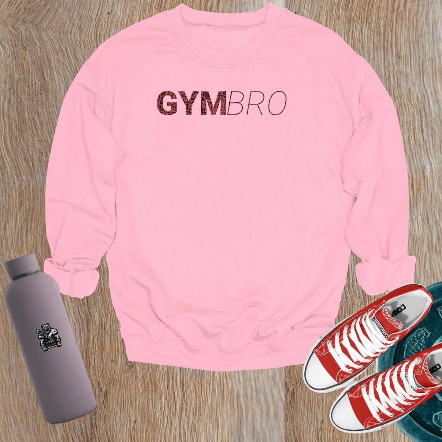 Alt text: "Bold 'GYMBRO' sweatshirt in a relaxed fit, perfect for gym workouts or casual wear, showcasing strength, fitness, and community spirit."