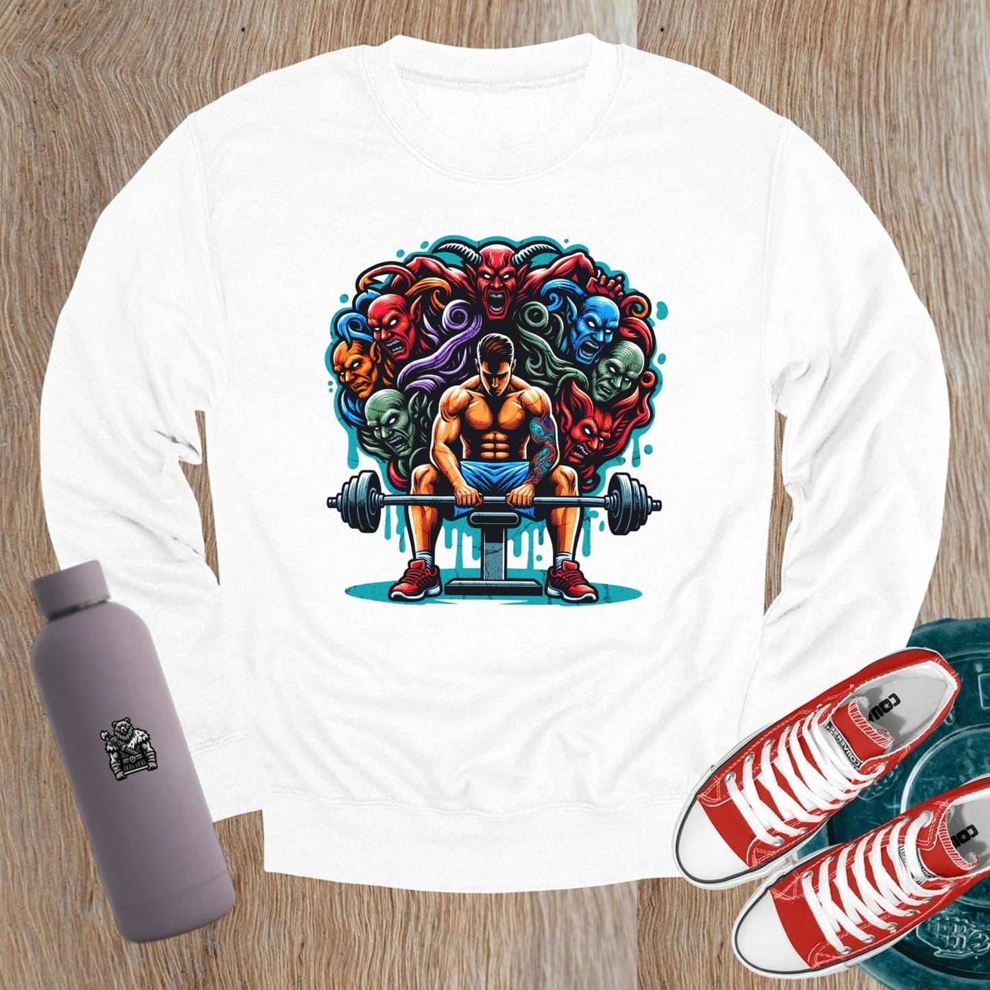 "Bold gym sweatshirt featuring an inspiring graphic, designed for comfort and style, perfect for workouts and casual wear."