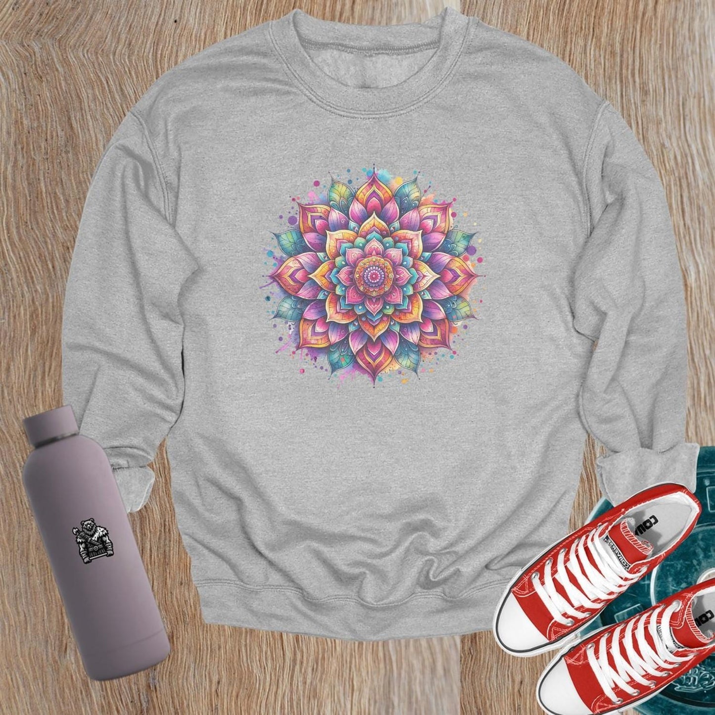 "Vibrant gym sweatshirt featuring a stunning mandala design, perfect for workouts or casual wear, inspiring positivity and individuality."