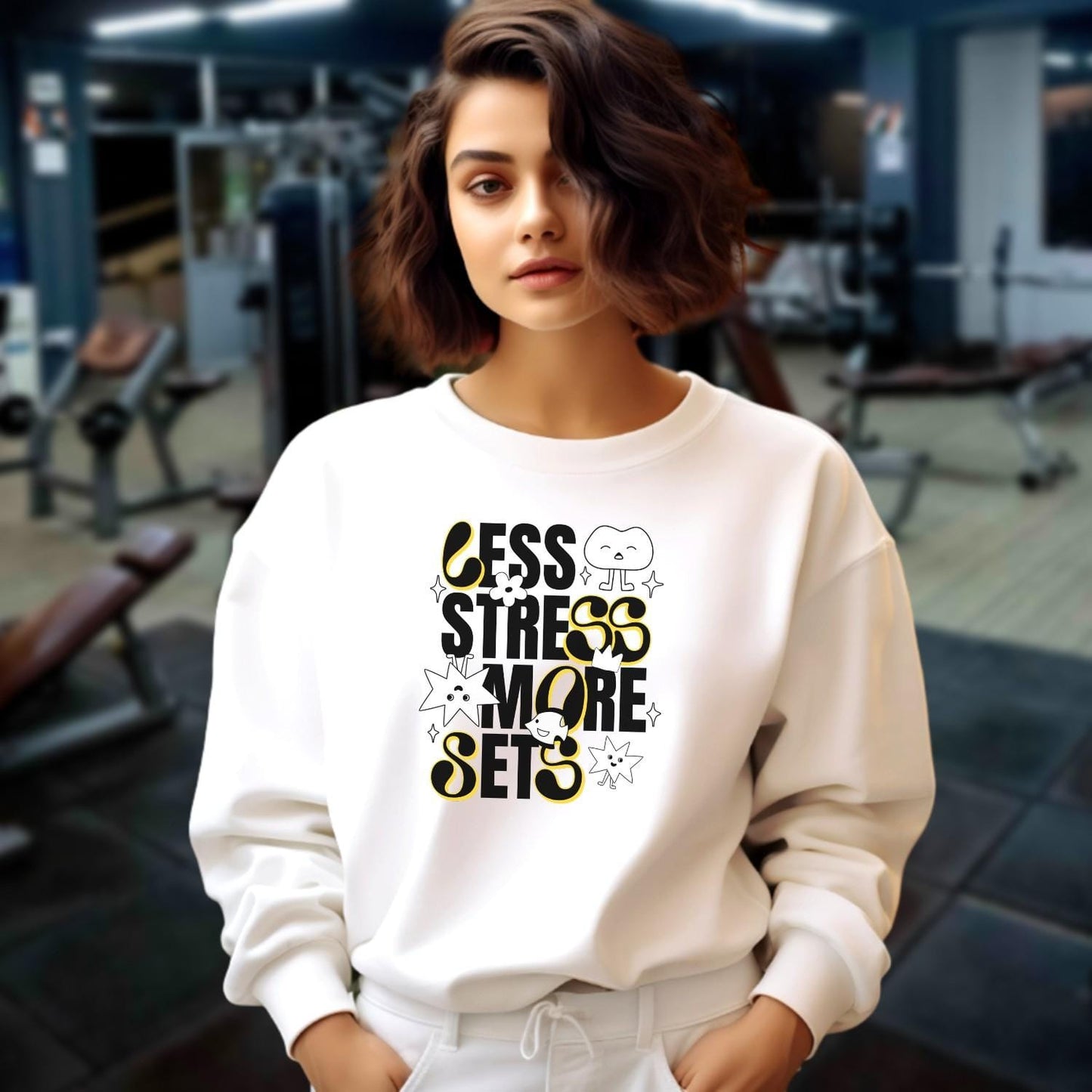 "Vibrant gym sweatshirt with unique designs, ideal for workouts or lounging, paired with leggings for a confident, stylish look."