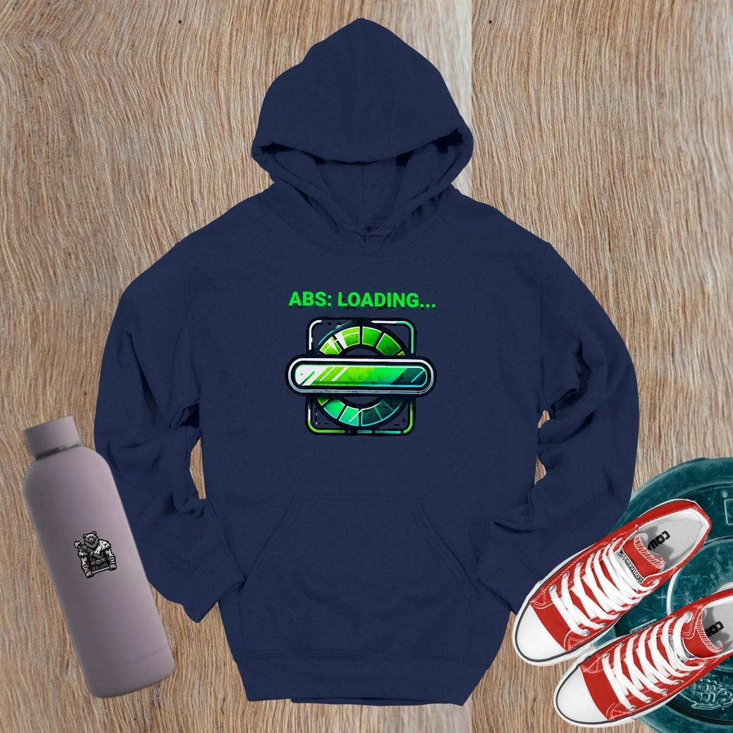 Alt text: "Vibrant gym hoodie featuring 'ABS: LOADING...' graphic, perfect for fitness enthusiasts. Ideal for workouts and casual wear."