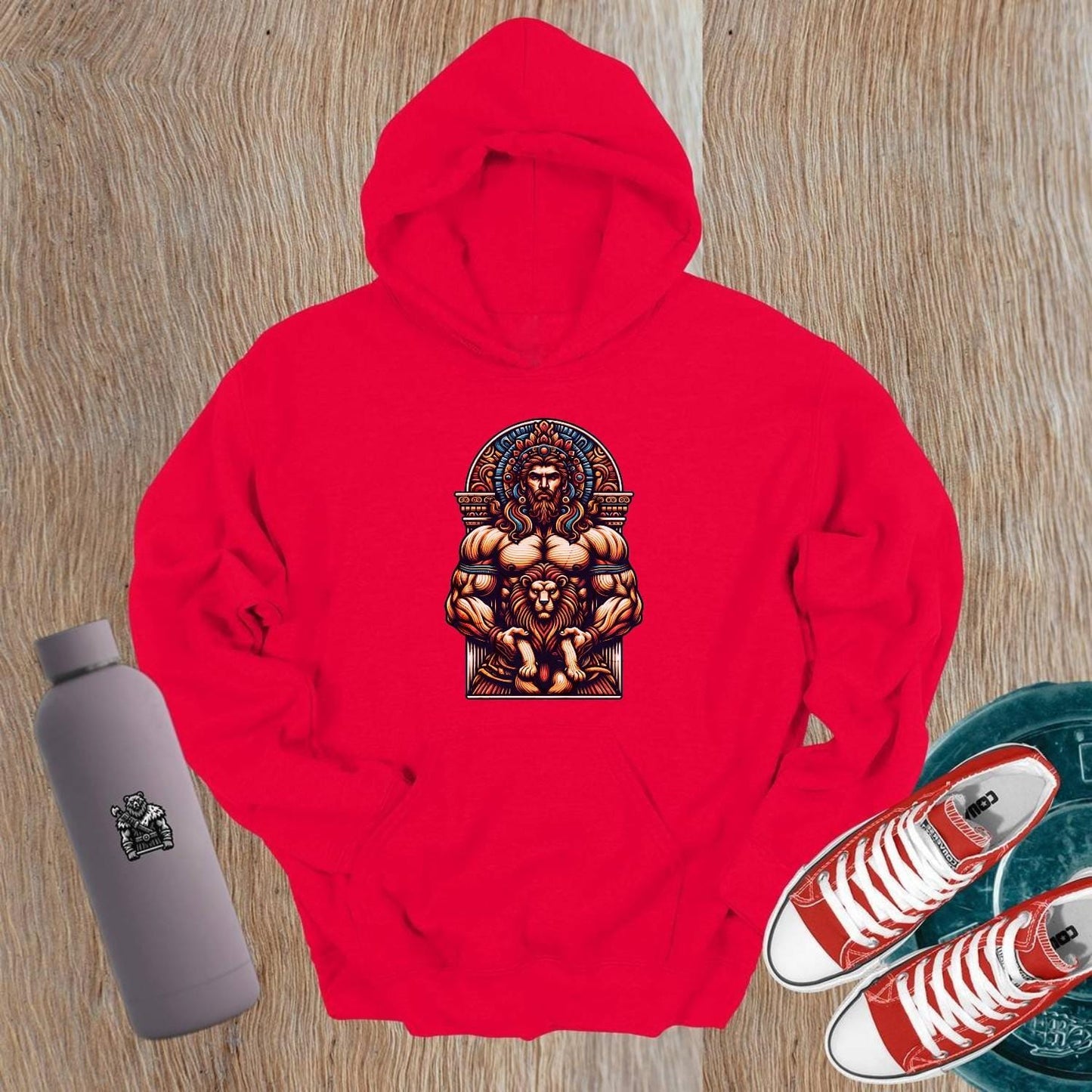 "Bold gym hoodie featuring a fierce lion and warrior design, symbolizing strength and resilience. Perfect for fitness enthusiasts."