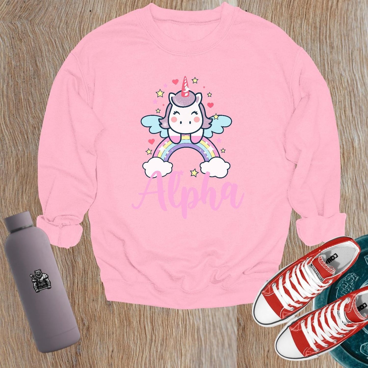 "Colorful Unicorn Alpha Sweatshirt with a playful unicorn soaring over a vibrant rainbow, designed for gym workouts and relaxation."