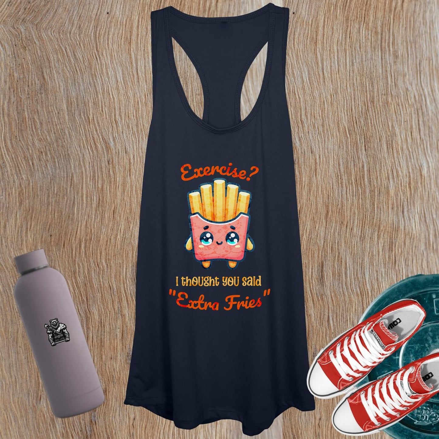 "Women’s tank top featuring a playful French fry character, perfect for gym or casual wear. Fun design enhances fitness motivation."