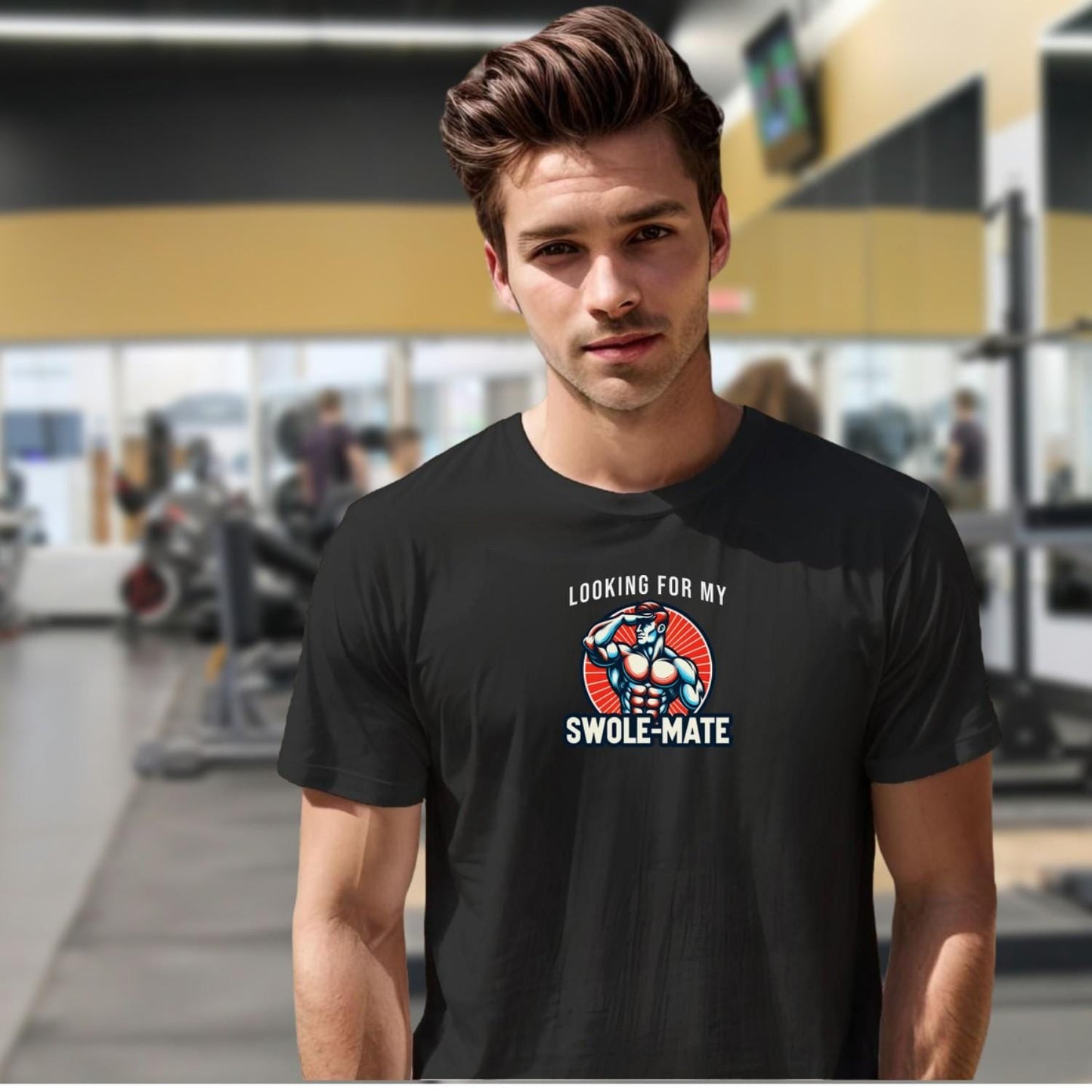 Alt text: "Swole-Mate T-shirt design featuring bold lettering and a fit silhouette, perfect for gym workouts and casual outings. Show your dedication to fitness and join the community of fitness enthusiasts."