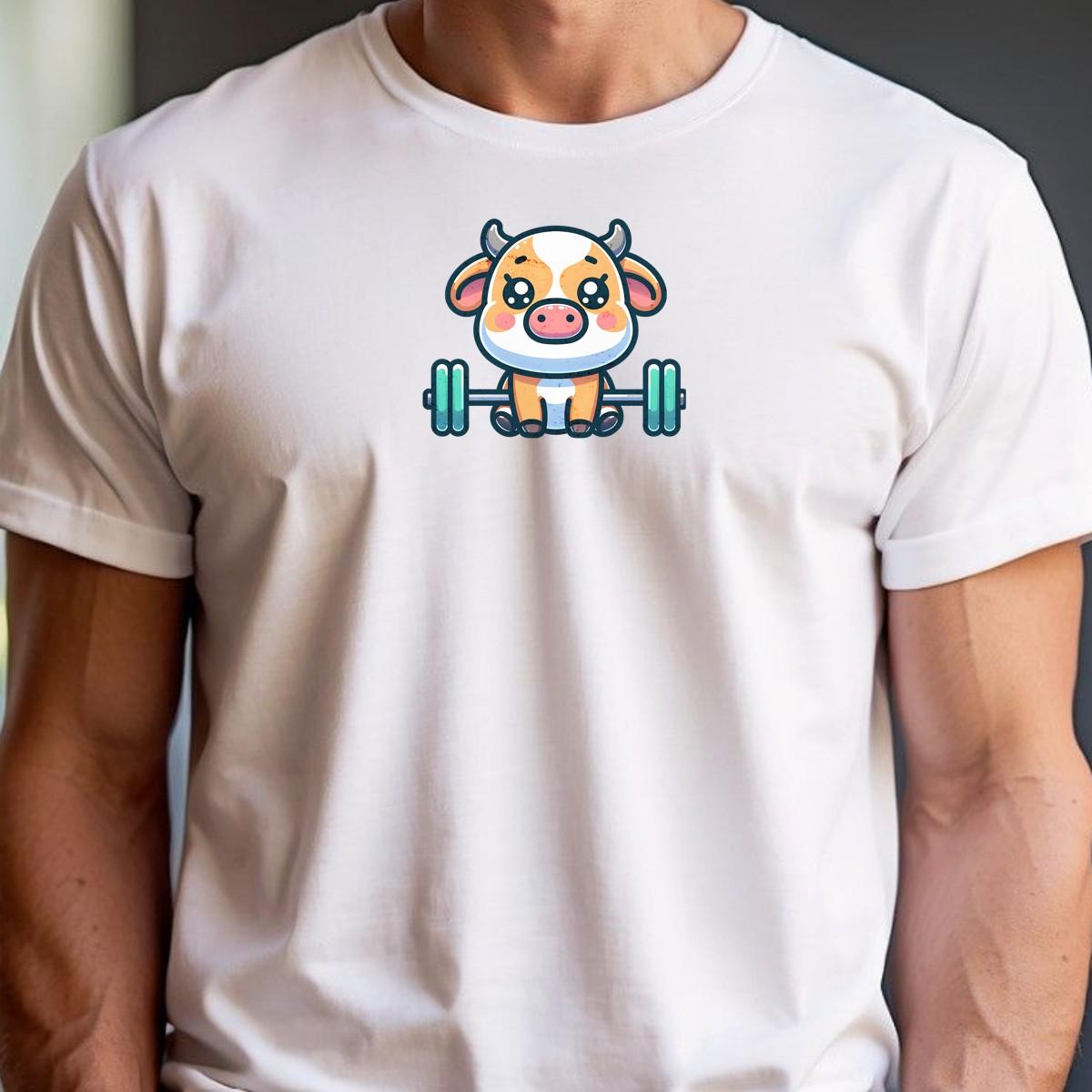 "Adorable Cow Gym T-Shirt featuring a cute cow lifting weights, perfect for fitness enthusiasts who enjoy humor and unique style."