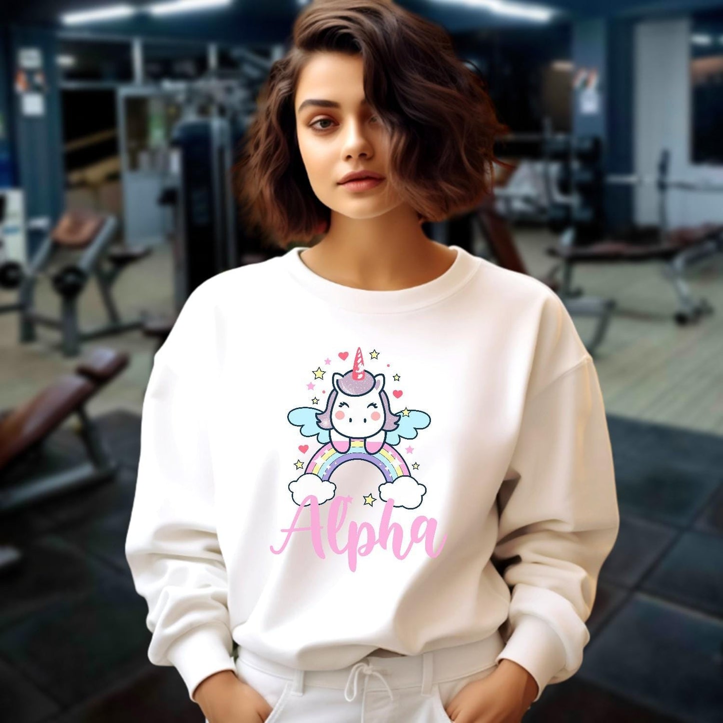 "Colorful Unicorn Alpha Sweatshirt with a playful unicorn soaring over a vibrant rainbow, designed for gym workouts and relaxation."