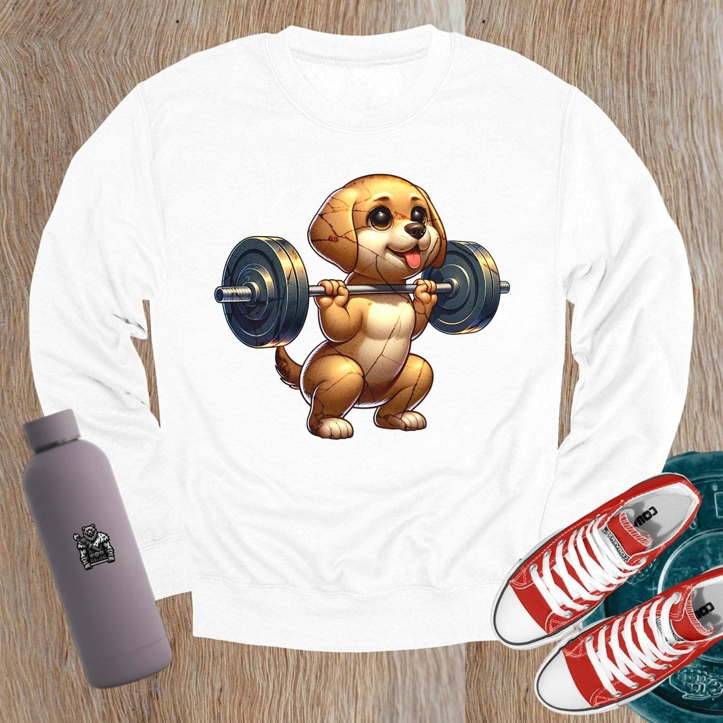 "Adorable dog lifting weights graphic on a playful gym sweatshirt, perfect for fitness lovers. Stylish, comfy, and motivational wear."