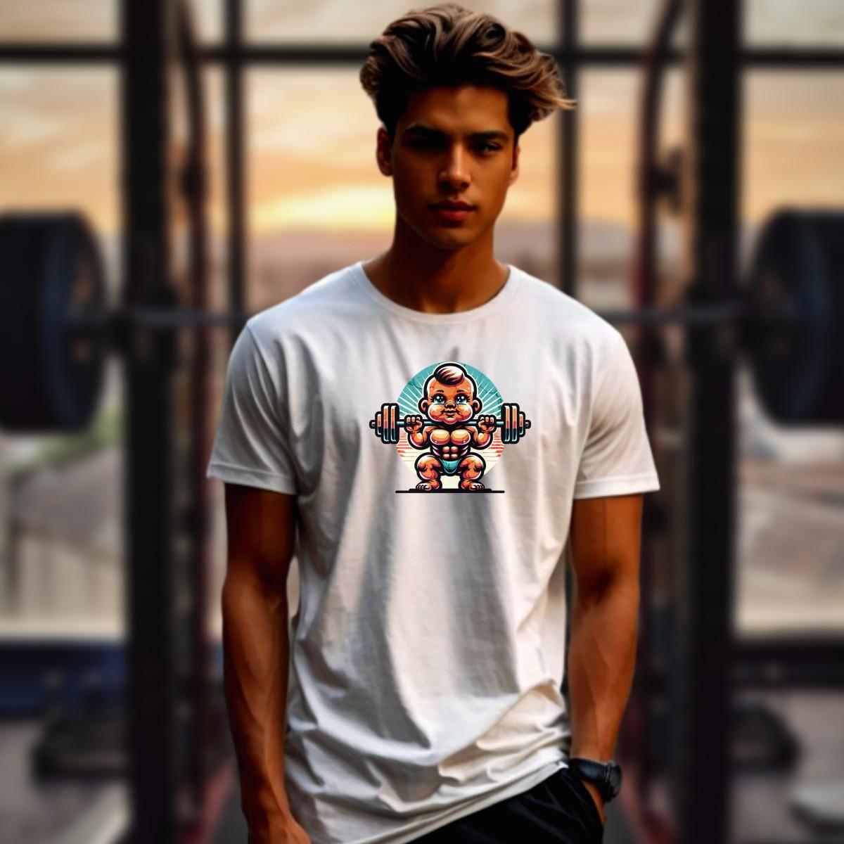 Alt text: "Baby Beast gym T-shirt design featuring a confident baby lifting weights with vibrant colors, perfect for fitness enthusiasts."