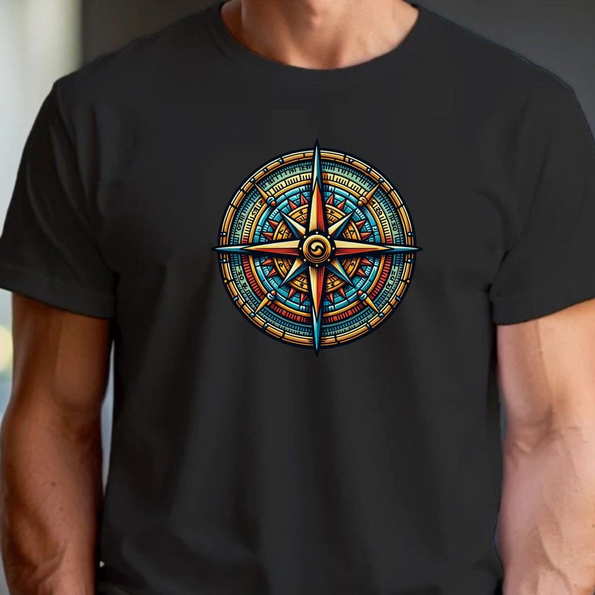 "Vibrant compass-themed gym T-shirt featuring motivational graphic, perfect for fitness enthusiasts seeking adventure and courage."