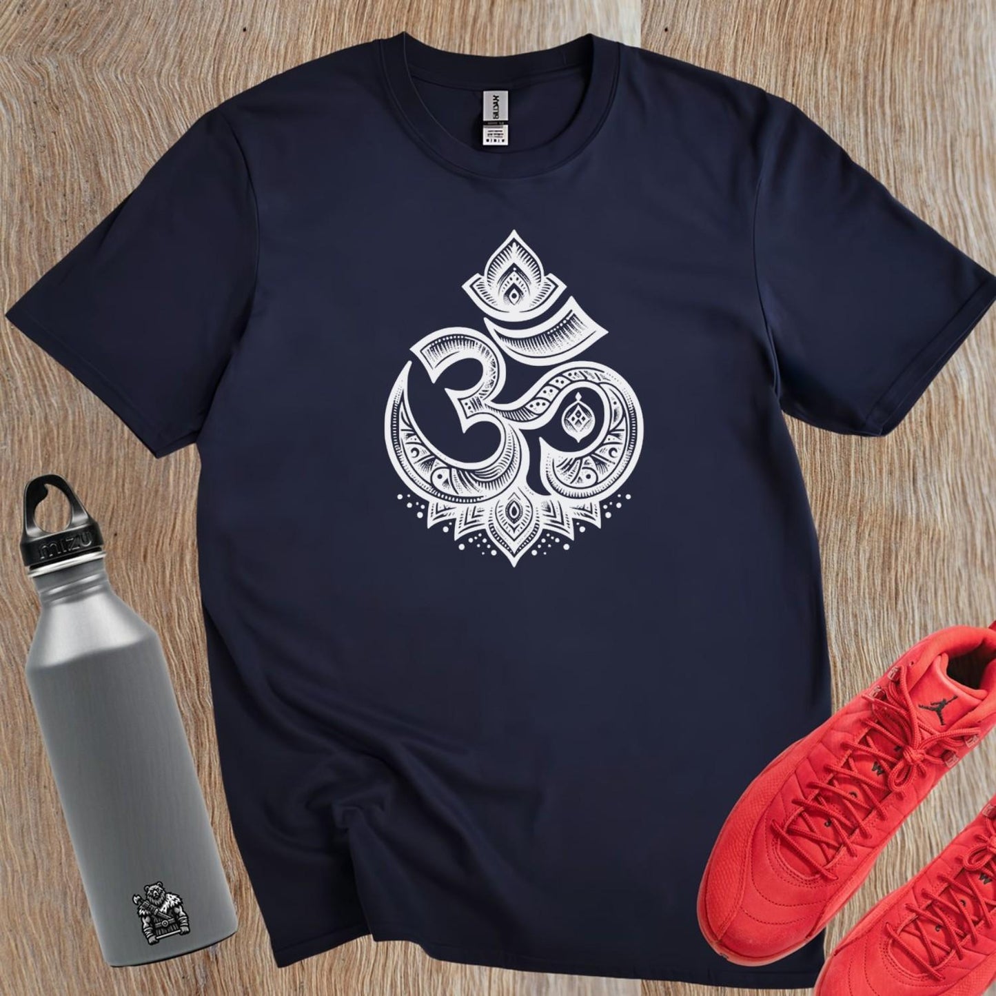 "Bold graphic gym T-shirt featuring an intricately designed Om symbol, promoting peace, mindfulness, and inner strength for fitness enthusiasts."