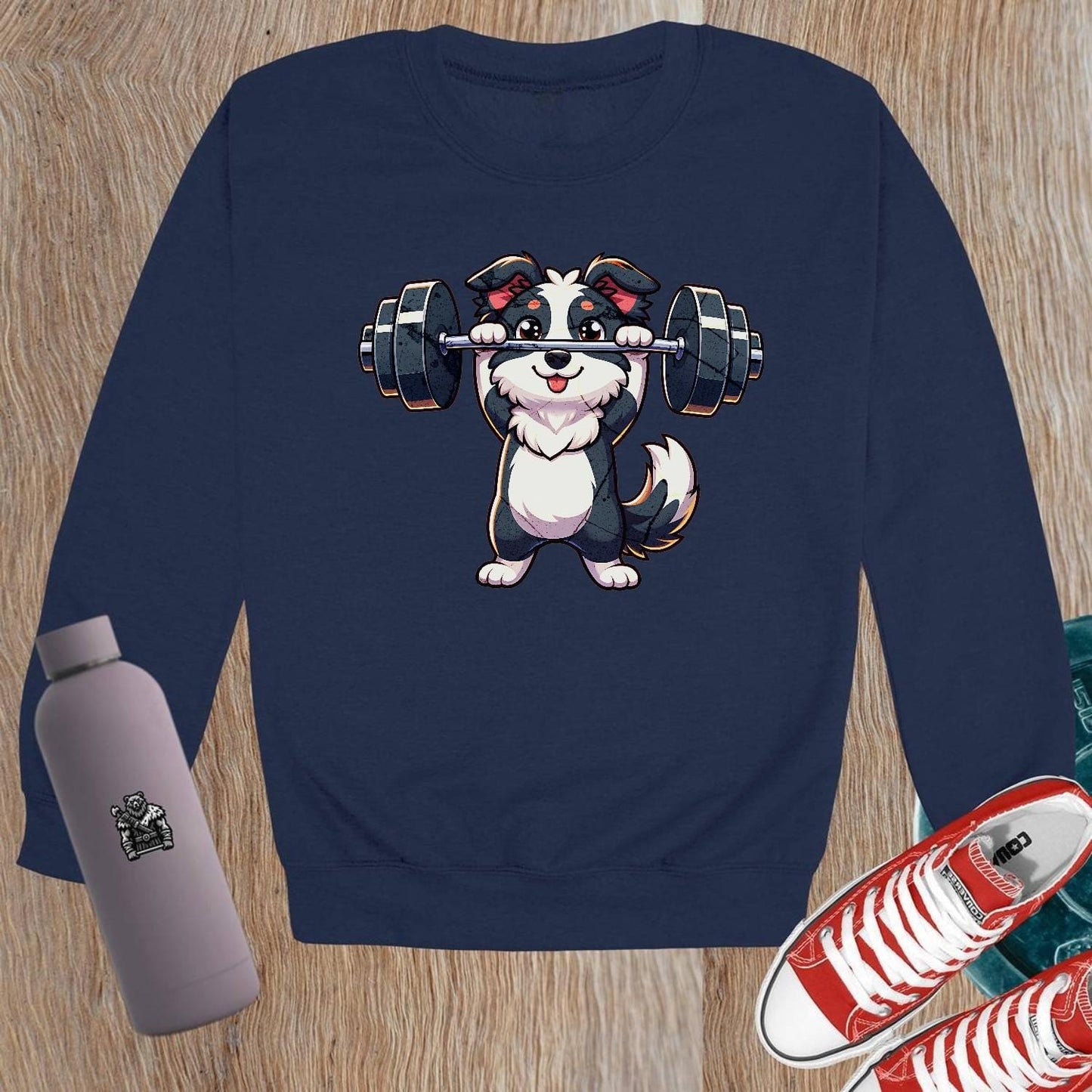 Alt text: "Playful gym crewneck sweatshirt featuring an adorable lifting puppy graphic, perfect for fitness lovers and casual outings."