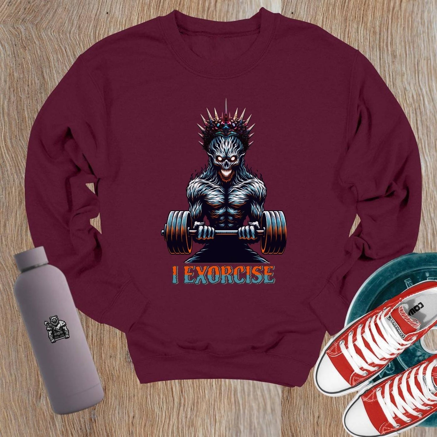 "Bold gym crewneck sweatshirt featuring 'I Exorcise' design, perfect for workouts or casual wear, combining style and motivation."