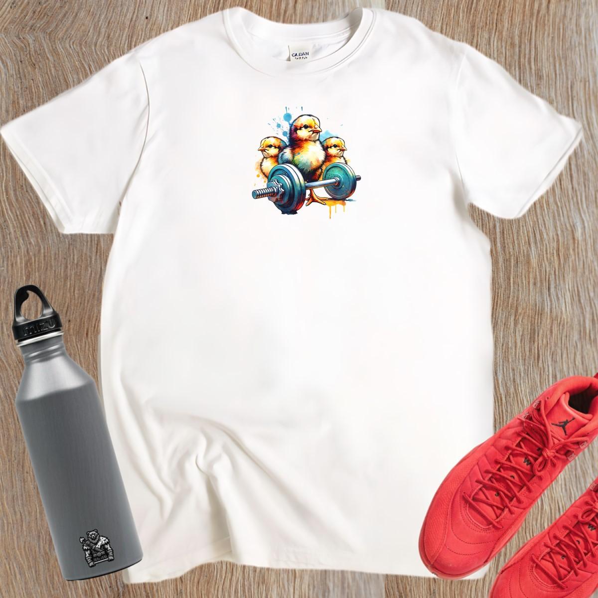 Playful gym T-shirt featuring vibrant chicks lifting weights, showcasing a fun, fierce spirit perfect for energetic workouts and fitness style.