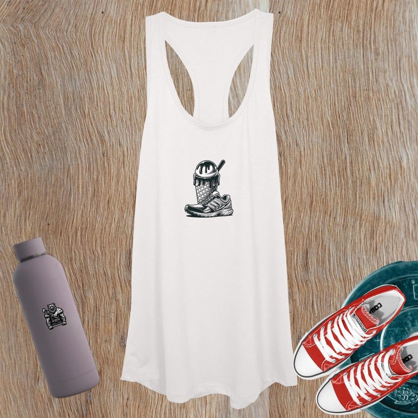 "Playful women's gym tank top featuring a colorful sneaker and ice cream graphic, perfect for stylish workouts and casual outings."