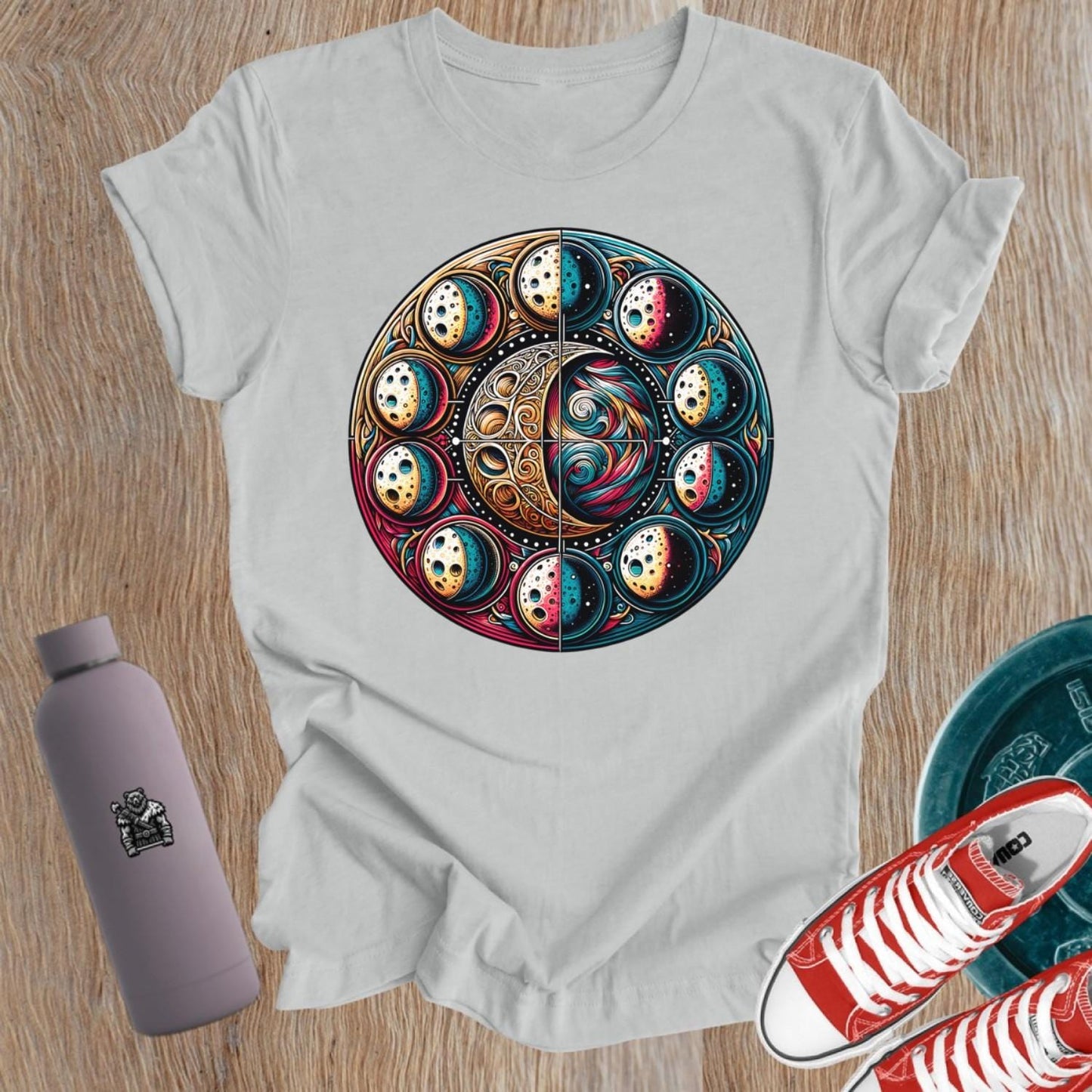 "Women's celestial-themed gym t-shirt featuring a vibrant cosmic print, designed to inspire strength and boost confidence during workouts."