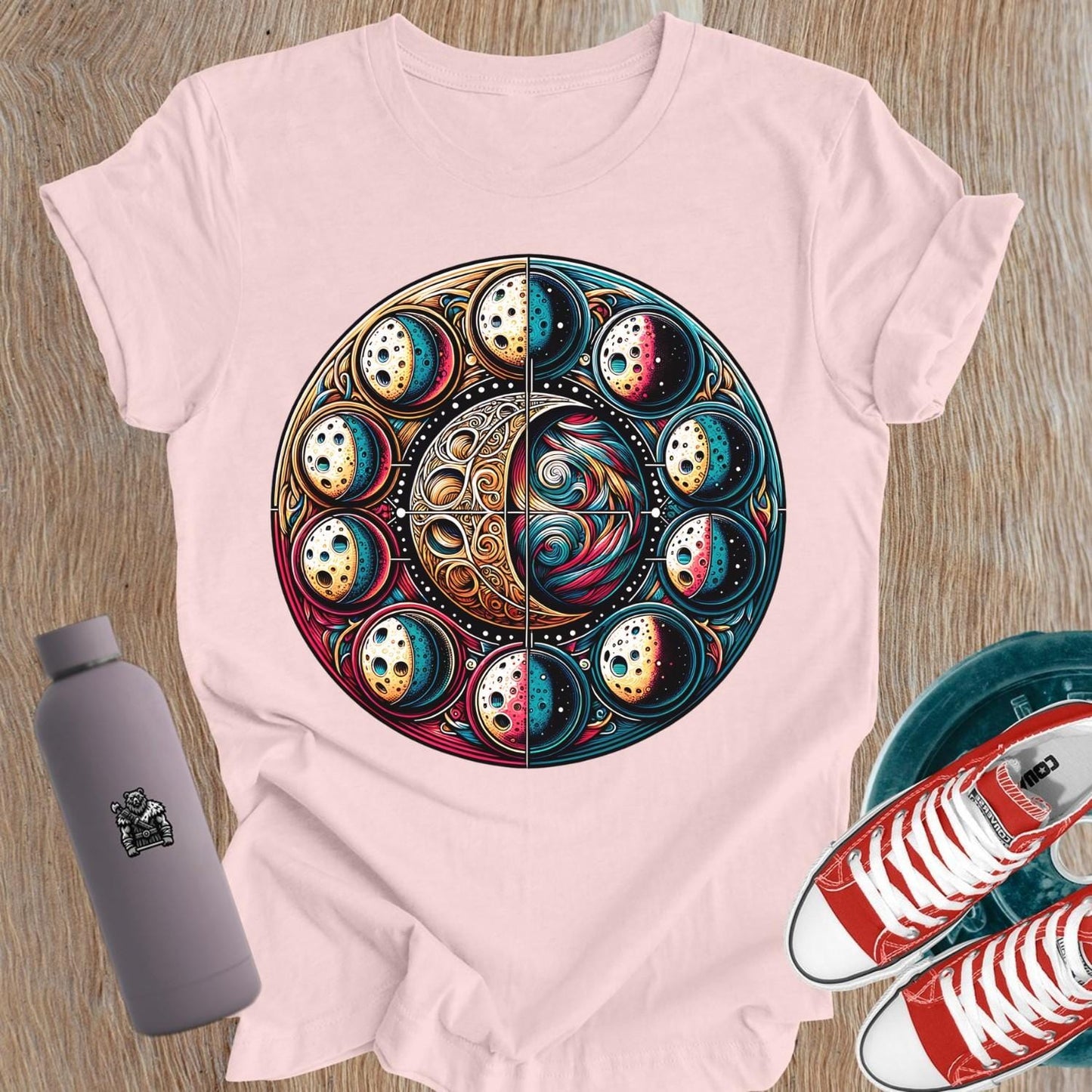 "Women's celestial-themed gym t-shirt featuring a vibrant cosmic print, designed to inspire strength and boost confidence during workouts."