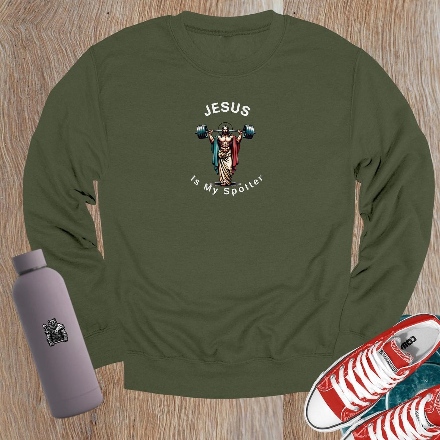 Alt text: "Bold crewneck sweatshirt with 'Jesus is My Spotter' statement, perfect for gym enthusiasts. Stylish and comfortable for workouts."