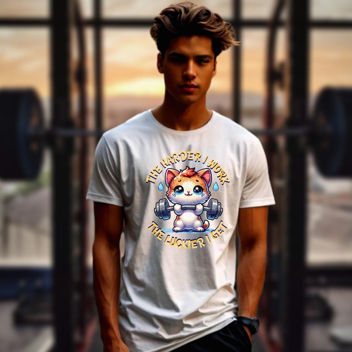 "Vibrant gym T-shirt featuring a determined kitty lifting weights, inspiring fitness enthusiasts with playful motivation for workouts."