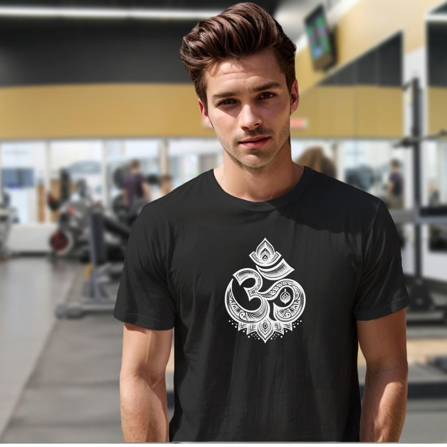 "Bold graphic gym T-shirt featuring an intricately designed Om symbol, promoting peace, mindfulness, and inner strength for fitness enthusiasts."