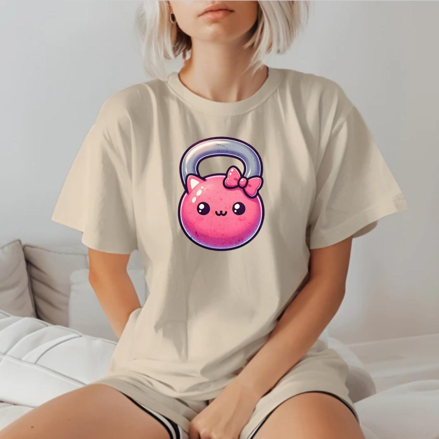 Alt text: "Kawaii Kettlebell T-shirt featuring a cute pink kettlebell with a bow, perfect for gym workouts and stylish casual wear."