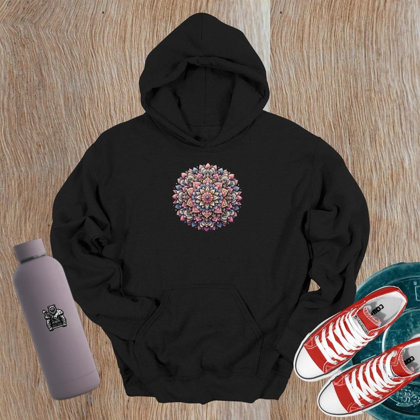 "Stunning gym hoodie with intricate mandala design in vibrant colors, relaxed fit for comfort, perfect for workouts and lounging."