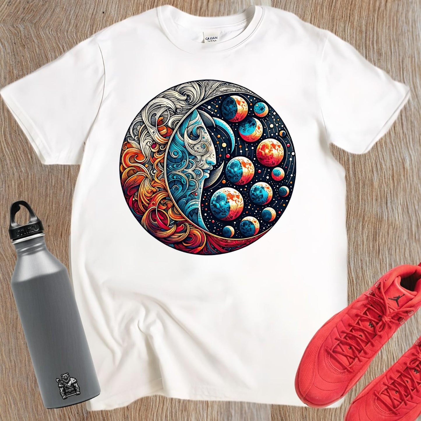 "Vibrant Cosmic Flow T-Shirt featuring an intricate graphic of strength and serenity, perfect for workouts and casual outings."