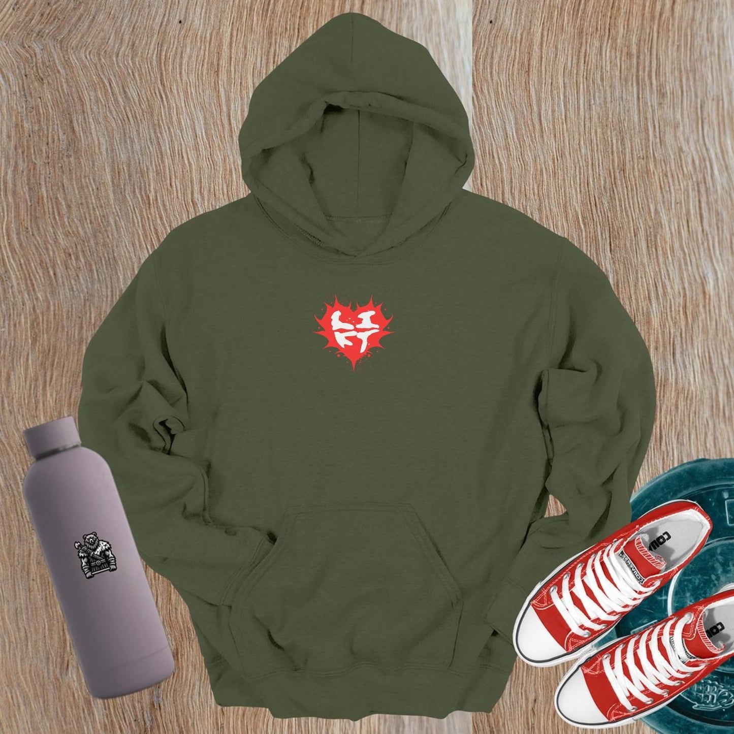 "Stylish gym hoodie featuring a vibrant heart logo, perfect for fitness enthusiasts. Ideal for workouts or casual wear."