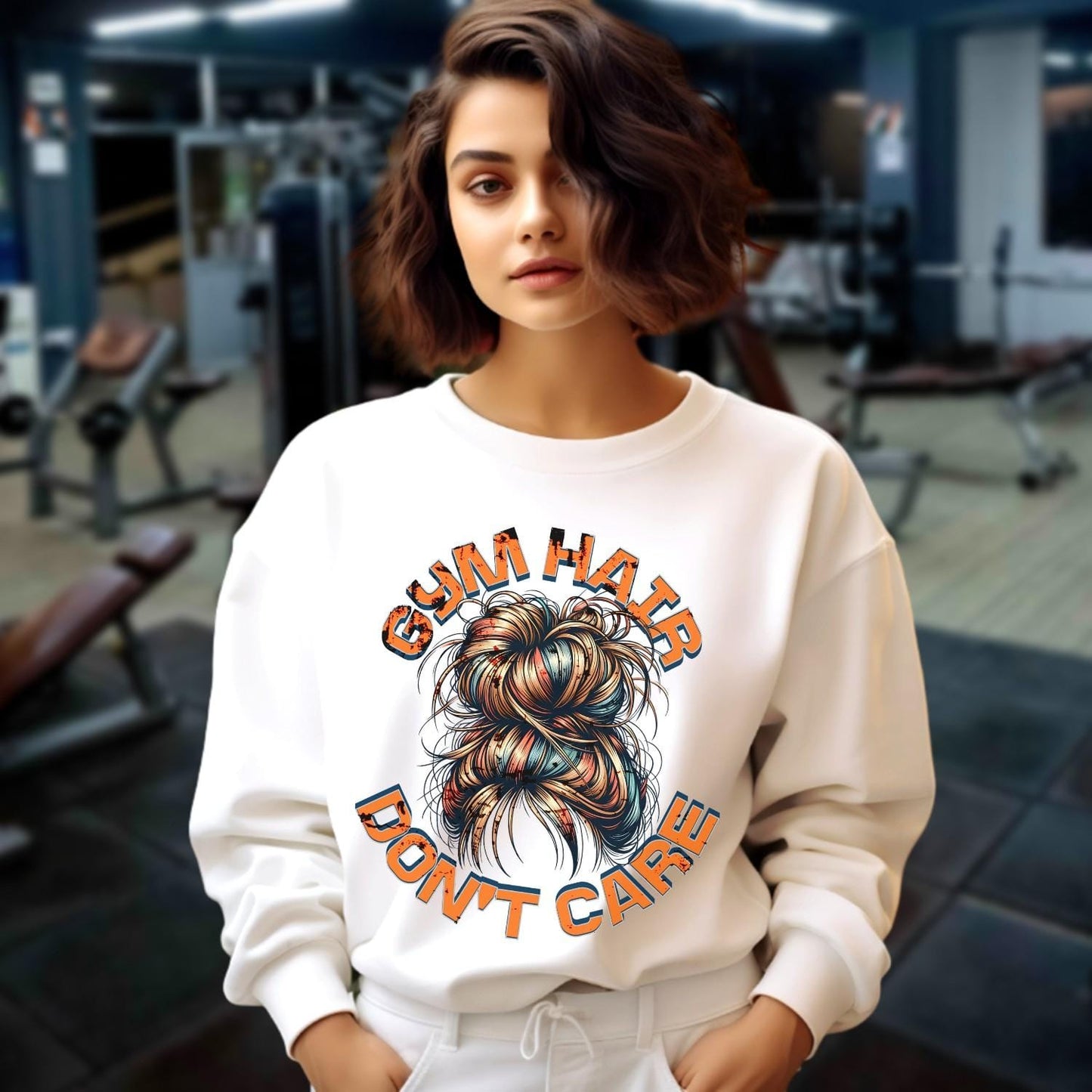 Alt text: "Bold 'Gym Hair Don't Care' sweatshirt design featuring a stylish crewneck, ideal for workouts or casual wear, celebrating gym culture."