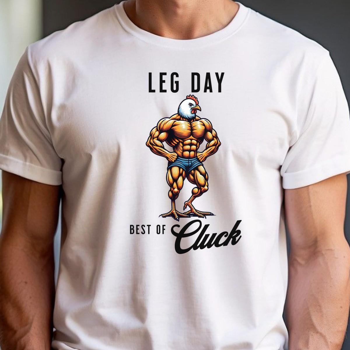 "Bold gym T-shirt featuring a unique muscular chicken design, perfect for fitness enthusiasts. Ideal for workouts, weightlifting, and cardio."