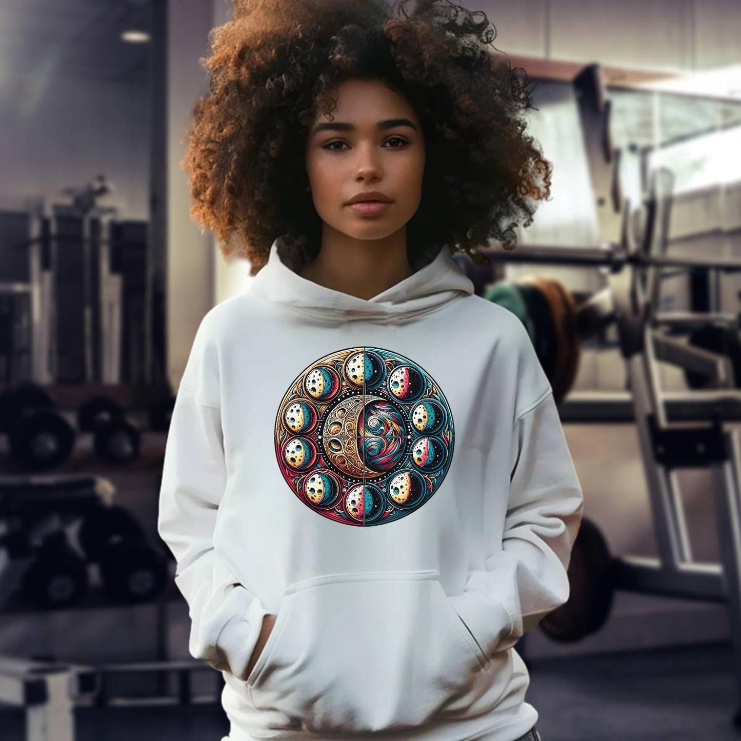 Alt text: "Cosmic Journey Hoodie showcasing a vibrant celestial design in rich colors, perfect for gym wear and stylish casual outings."
