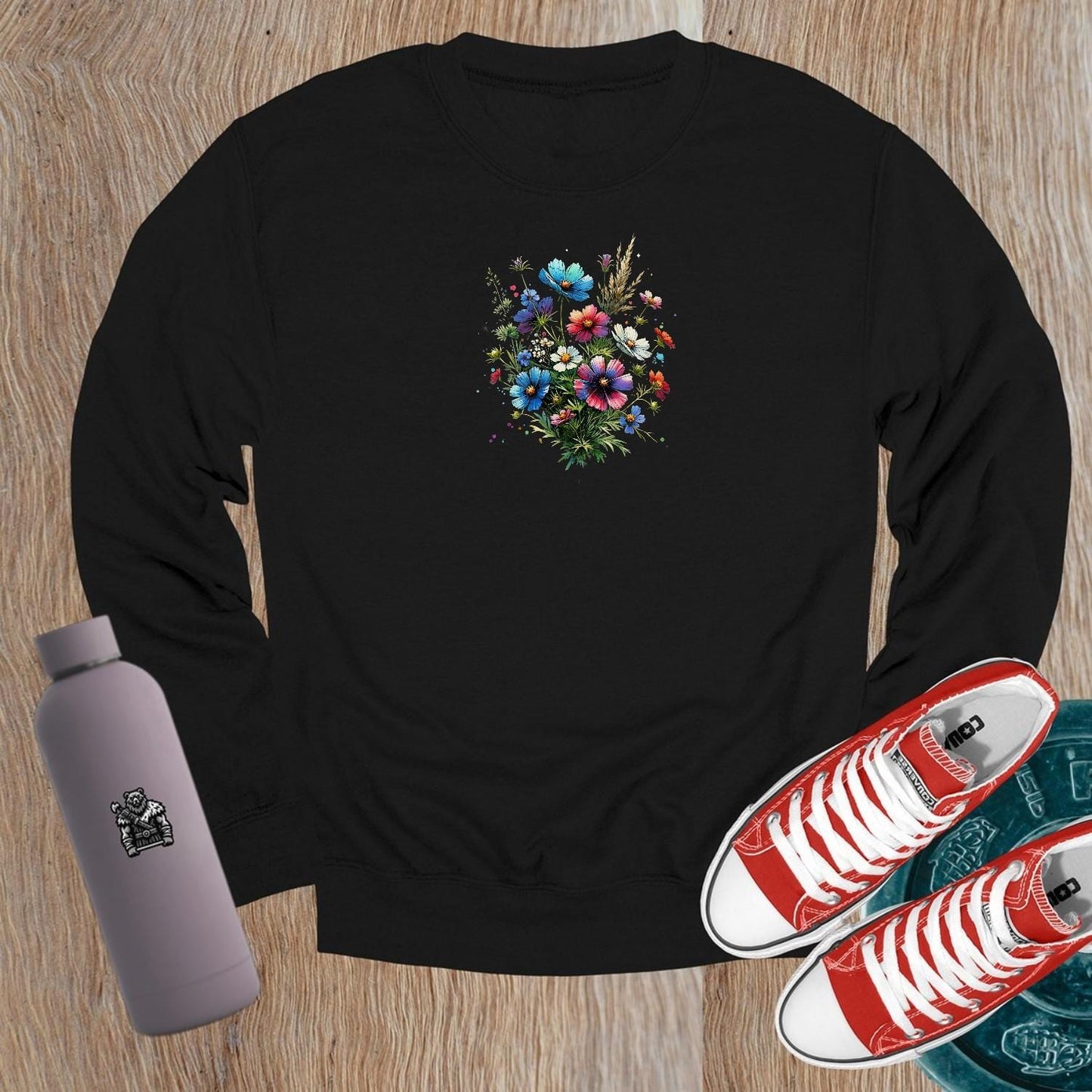 "Vibrant crewneck sweatshirt with a stunning floral design, perfect for workouts. Cozy and stylish for gym or casual wear."