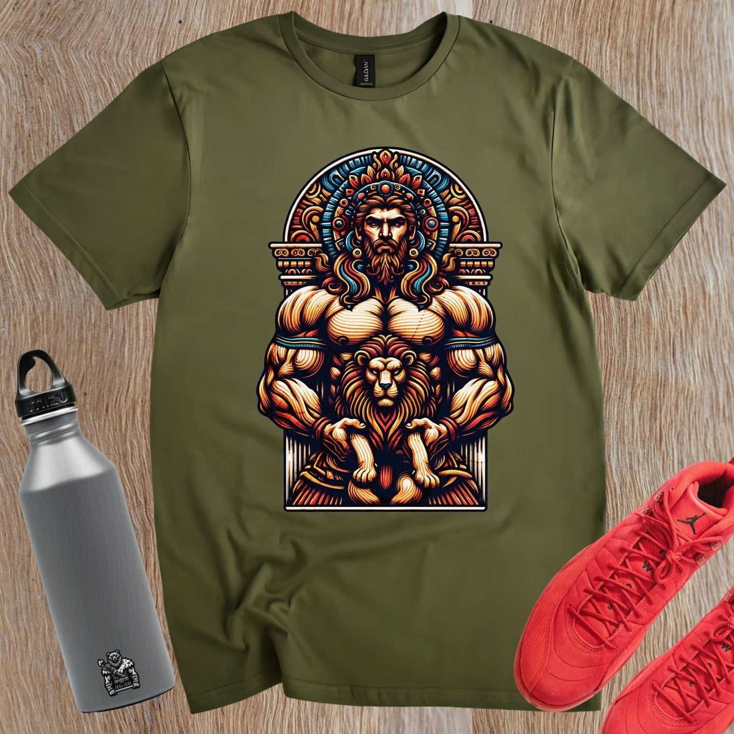 "Bold gym T-shirt featuring a strong muscular figure with a lion, symbolizing courage. Perfect for workouts and casual wear."
