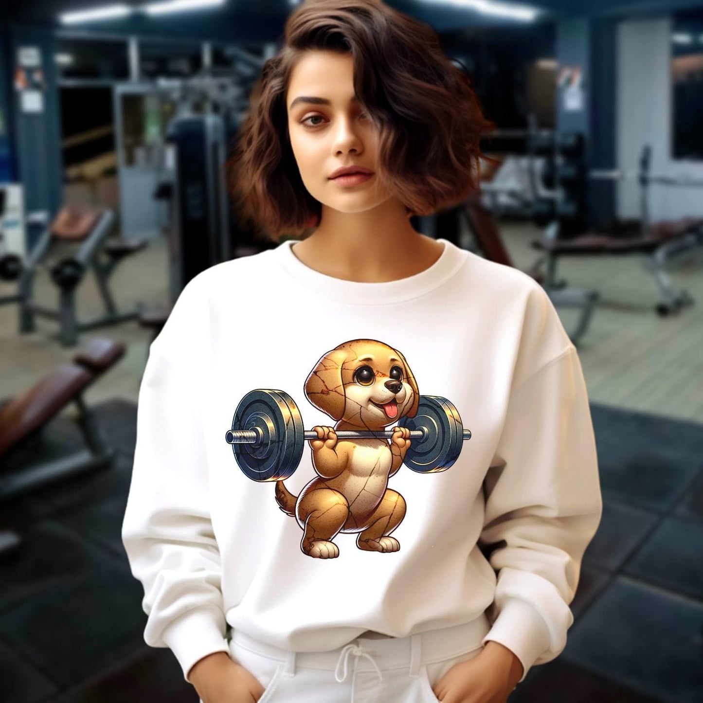 "Adorable dog lifting weights graphic on a playful gym sweatshirt, perfect for fitness lovers. Stylish, comfy, and motivational wear."