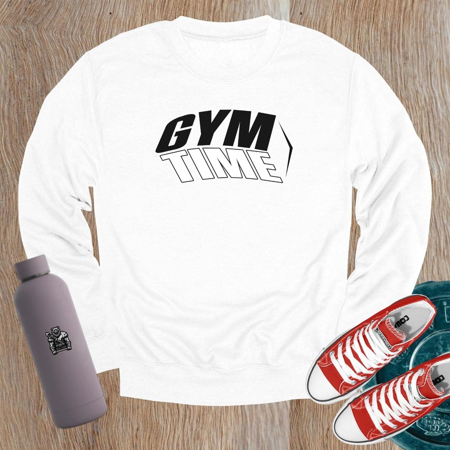 "Bold gym crewneck sweatshirt featuring a 'TIME' design, perfect for workouts or casual wear, embodying style, comfort, and motivation."