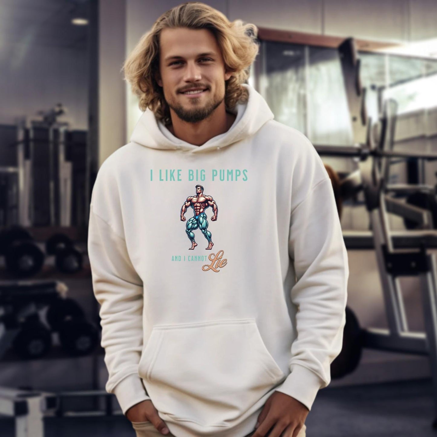 Alt text: "Bold 'I Like Big Pumps' gym hoodie in a striking design, showcasing strength and confidence for fitness enthusiasts during workouts."