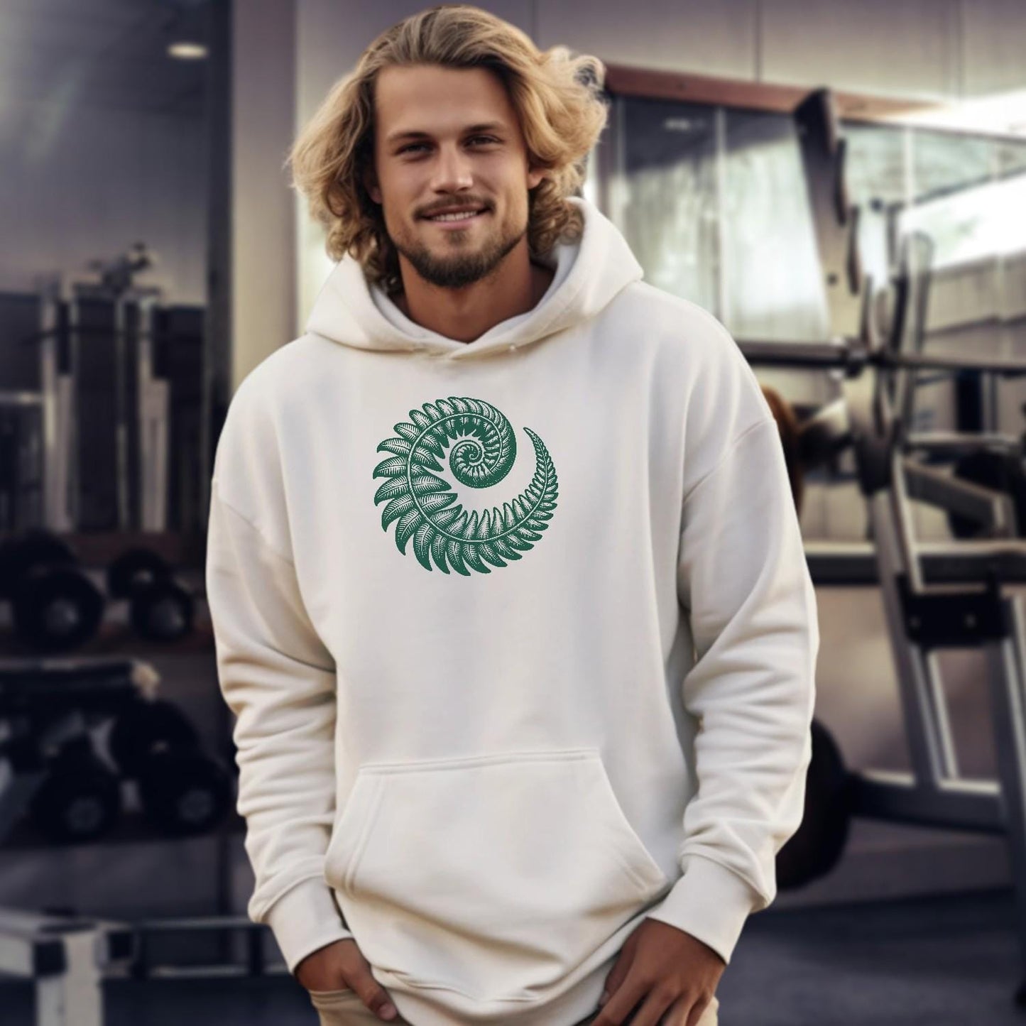 "Stylish fern design hoodie for gym and everyday wear, featuring intricate patterns symbolizing strength and resilience, perfect for active lifestyles."