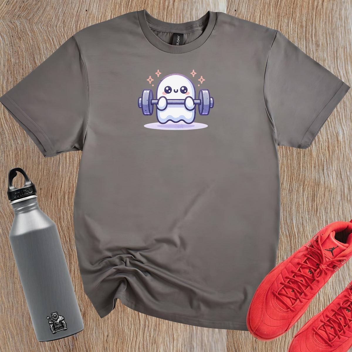 "Playful ghost lifting weights design on gym T-shirt, blending fitness motivation with whimsical charm for workout and casual wear."