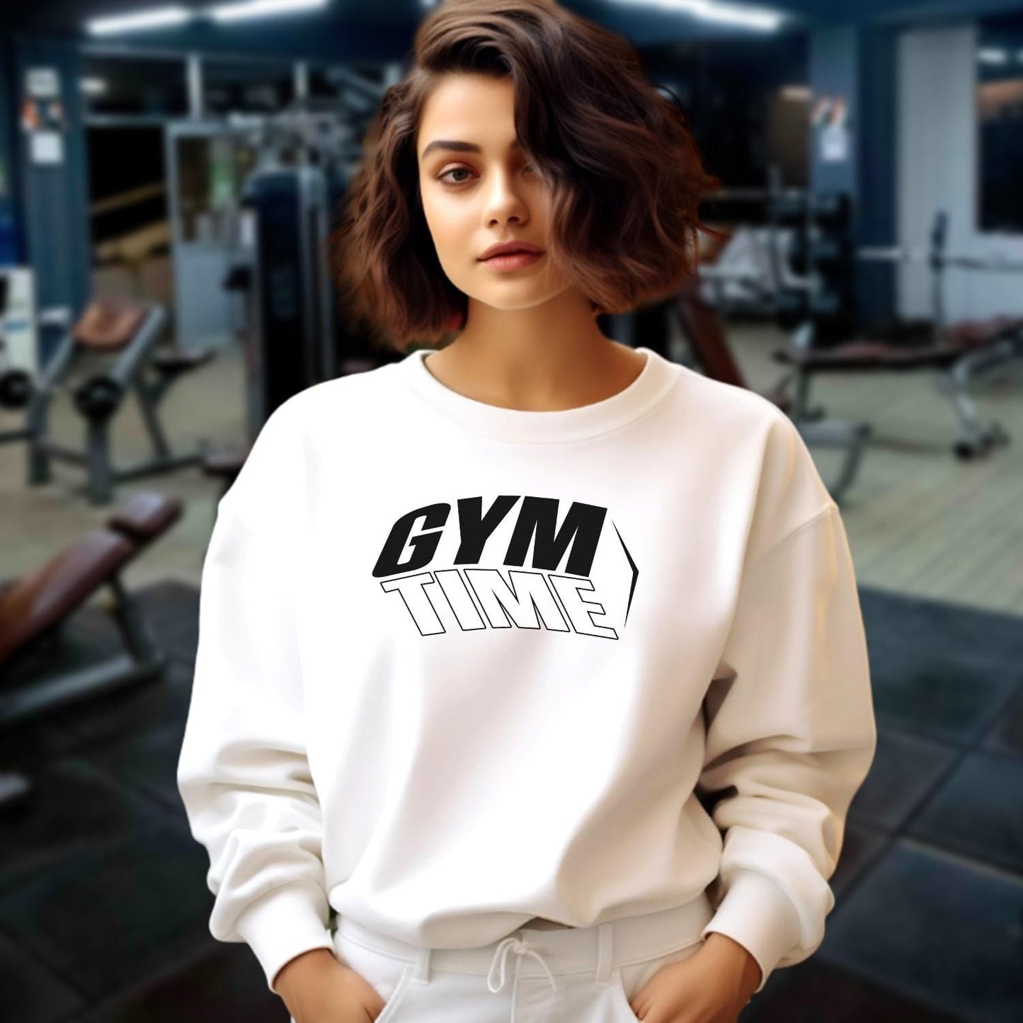 "Bold gym crewneck sweatshirt featuring a 'TIME' design, perfect for workouts or casual wear, embodying style, comfort, and motivation."