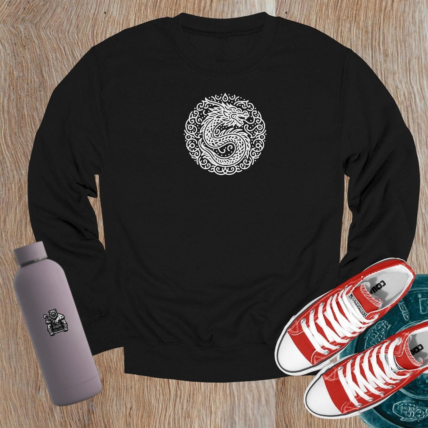 "Bold dragon design crewneck sweatshirt for gym wear, symbolizing strength and resilience, perfect for workouts or casual outings."