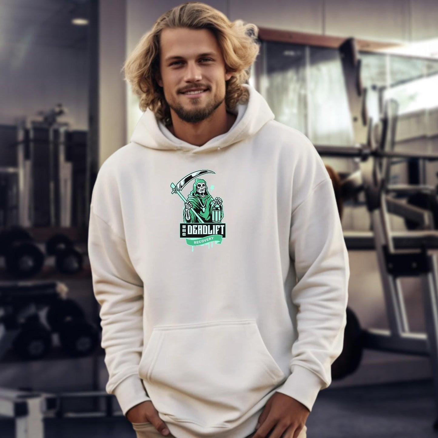 "Bold Deadlift Recovery hoodie featuring a dynamic skeleton graphic, ideal for gym enthusiasts seeking comfort and style in fitness wear."