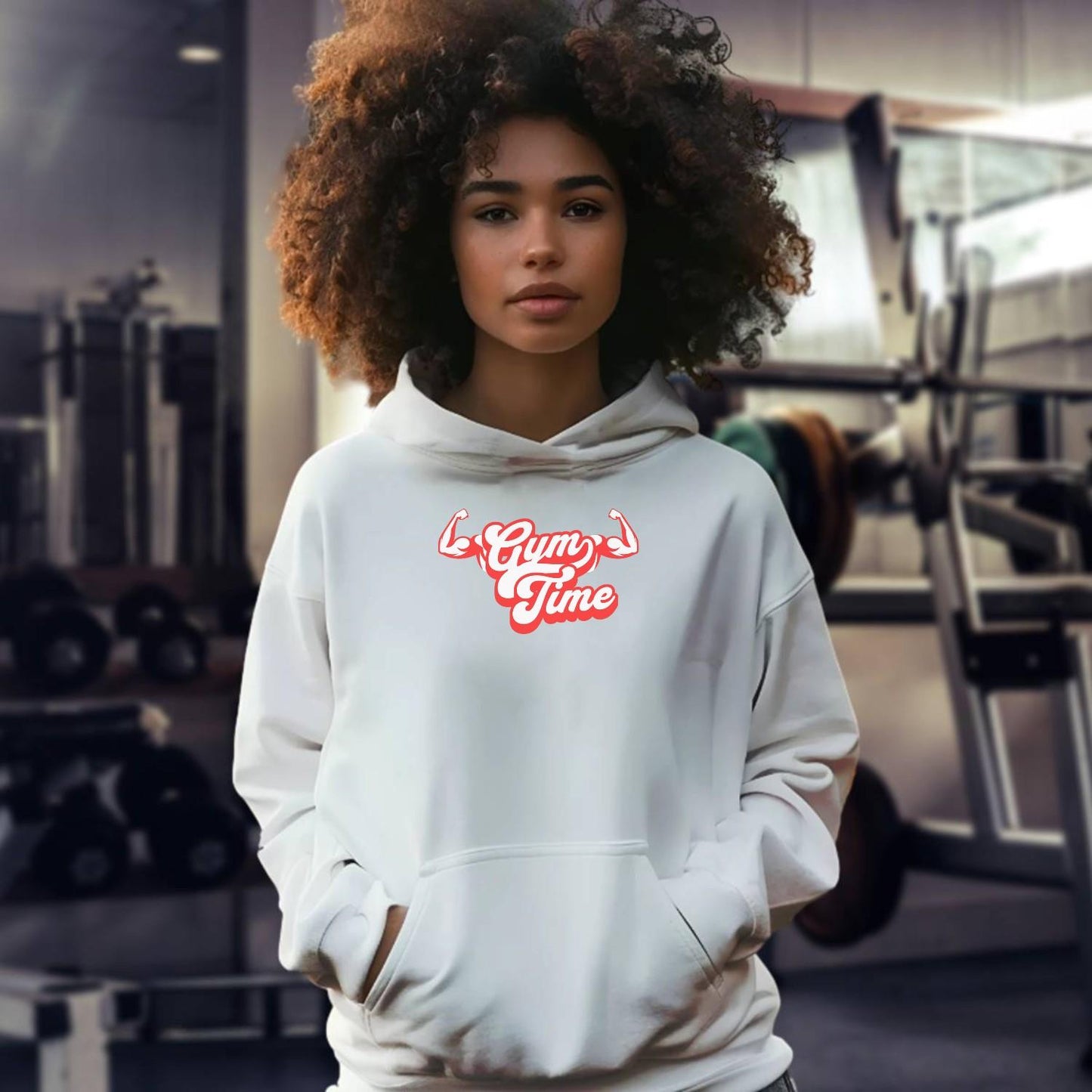"Stylish 'Gym Time' hoodie featuring a bold graphic design, perfect for fitness enthusiasts. Ideal for workouts or casual wear."