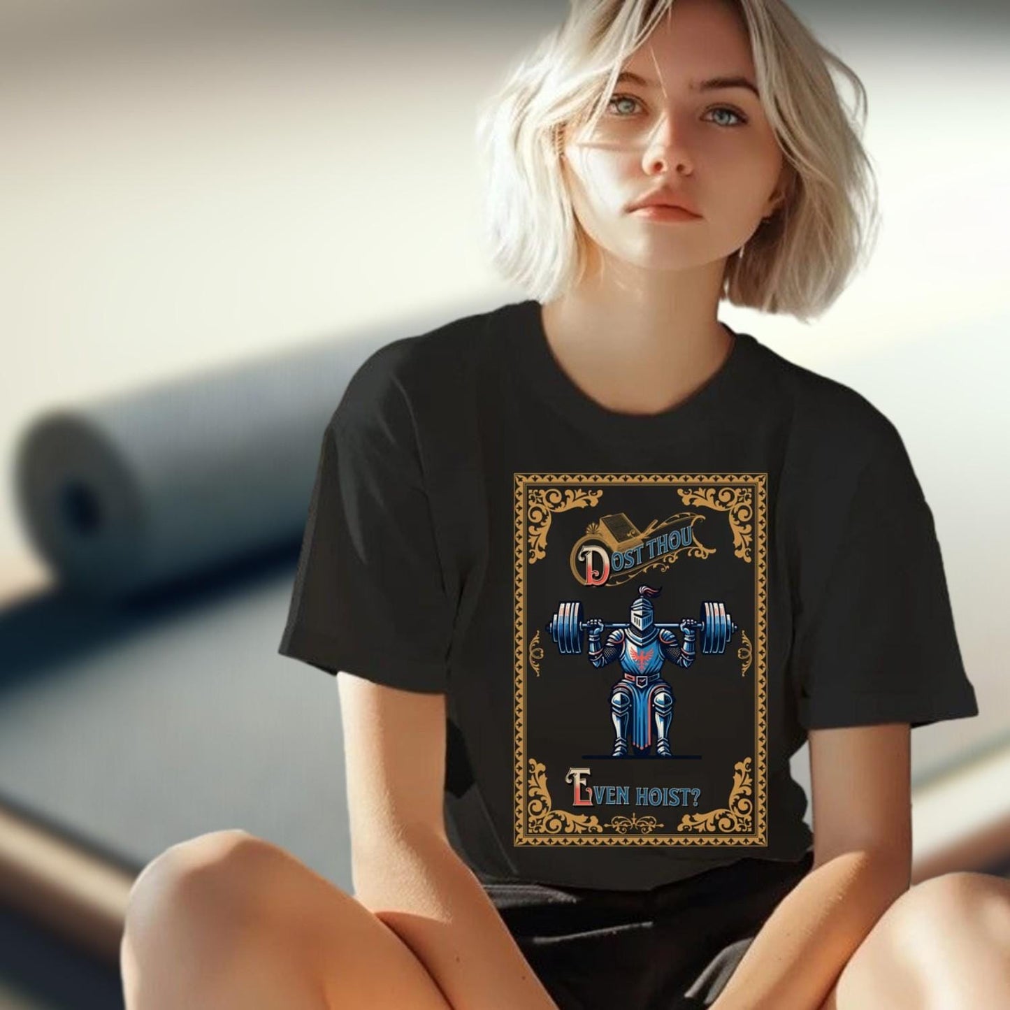 "Gym shirt featuring a bold knight lifting weights with humorous text 'Dost Thou Even Hoist?'—perfect for fitness enthusiasts."