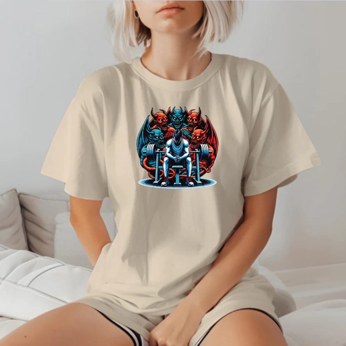 "Bold gym T-shirt featuring fierce graphic of determination on a fiery backdrop, perfect for showcasing strength and fitness passion."