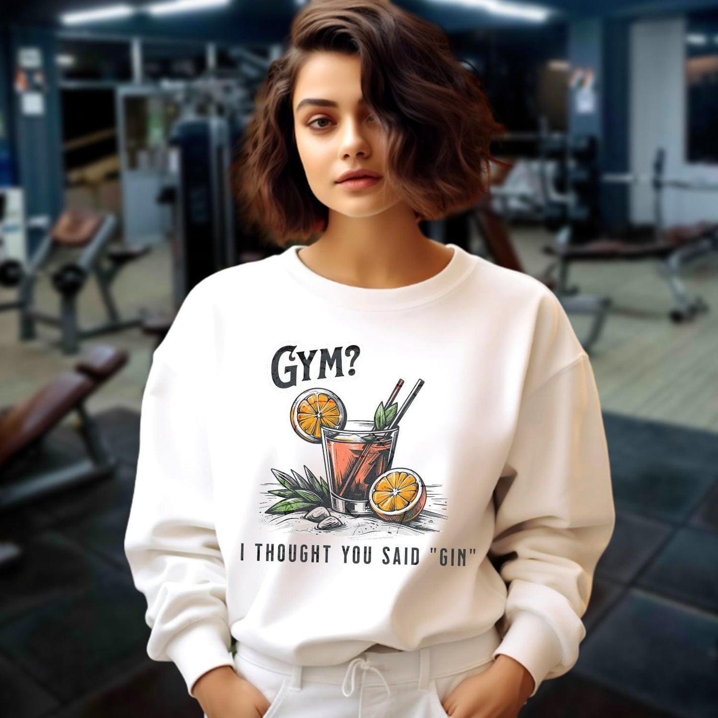 Alt text: "Playful 'Gym? I Thought You Said Gin' graphic sweatshirt for gym enthusiasts, blending fitness humor and style. Perfect for casual wear."
