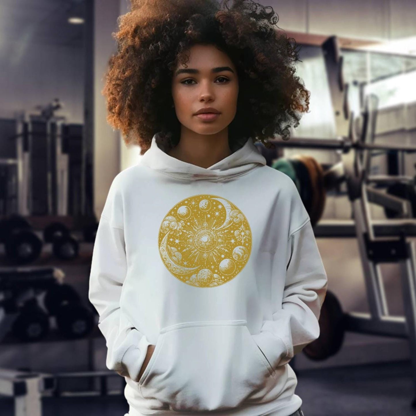 "Celestial-themed gym hoodie featuring a stunning cosmic design, perfect for workouts and stylish training sessions. Relaxed fit."