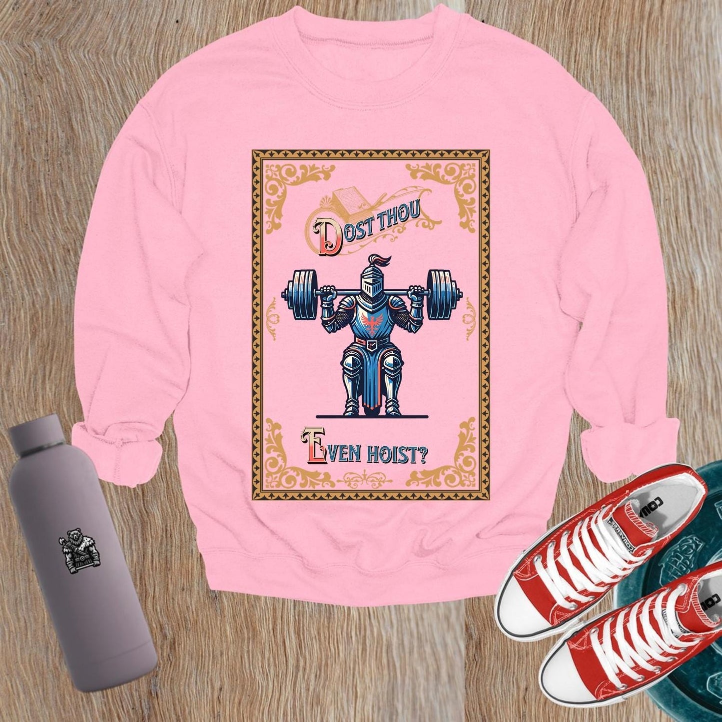 Alt text: "Dost Thou Even Hoist? sweatshirt featuring a knight lifting weights, perfect for fitness enthusiasts, gym wear, and stylish workouts."