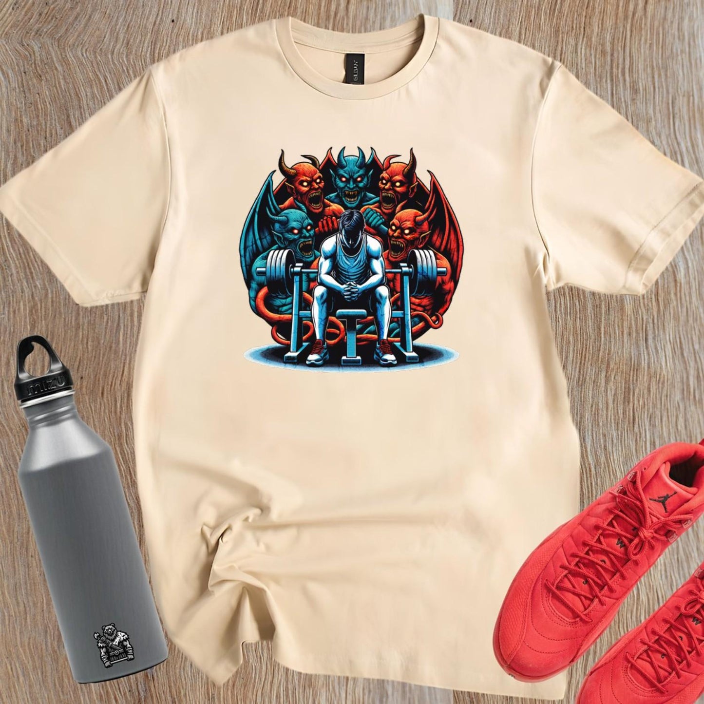 "Bold gym T-shirt featuring fierce graphic of determination on a fiery backdrop, perfect for showcasing strength and fitness passion."
