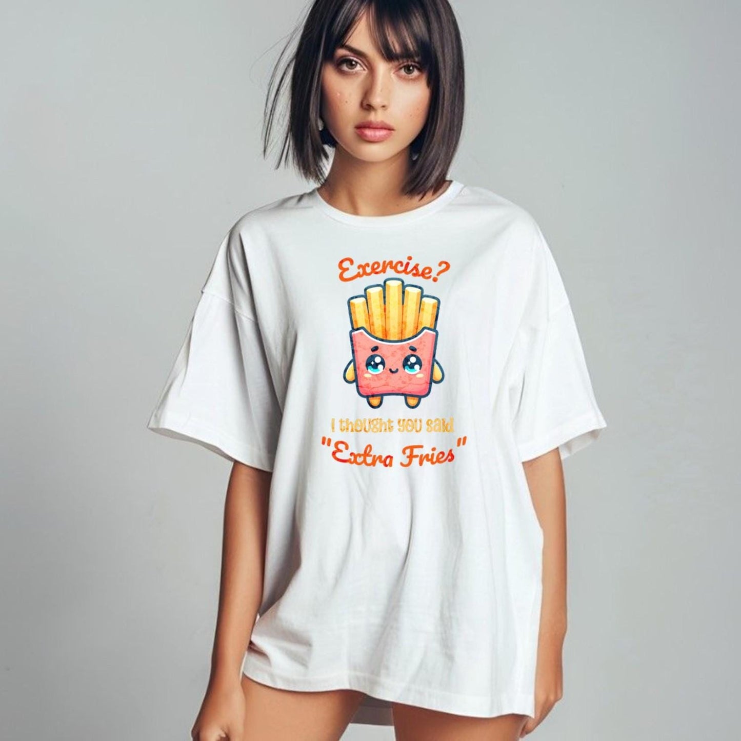 Humorous gym T-shirt featuring "Exercise? I thought you said 'Extra Fries'" graphic, perfect for fitness lovers who enjoy snacks.