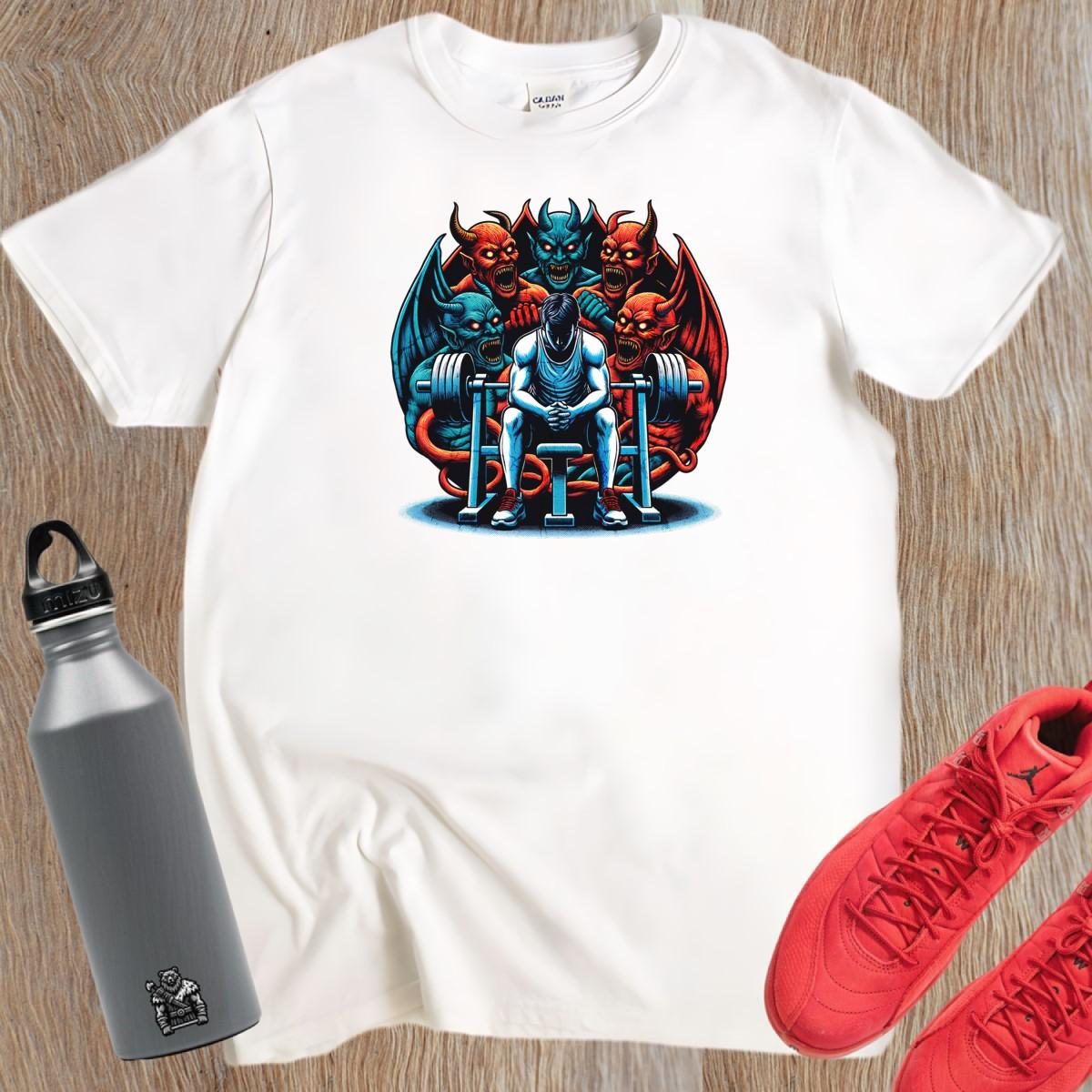 "Bold gym T-shirt featuring fierce graphic of determination on a fiery backdrop, perfect for showcasing strength and fitness passion."